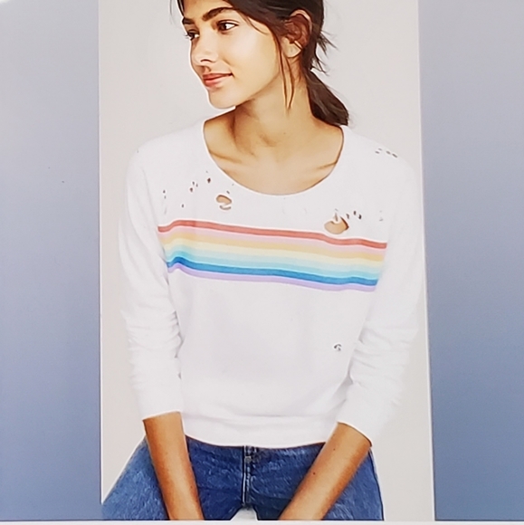 Chaser Rainbow Stripe Long Sleeve Distressed Sweatshirt - Picture 1 of 7